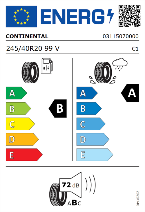Tyre Label for Continental PremiumContact 6 245/40R20 99V