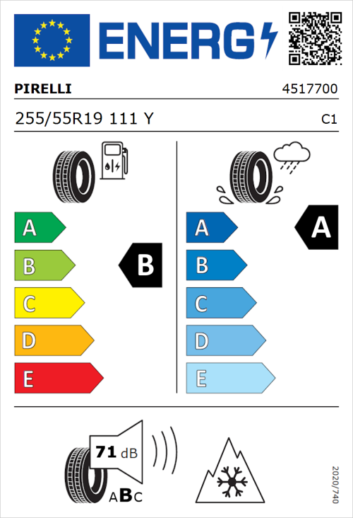 Tyre Label for Pirelli Scorpion All Season SF3 255/55R19 111Y
