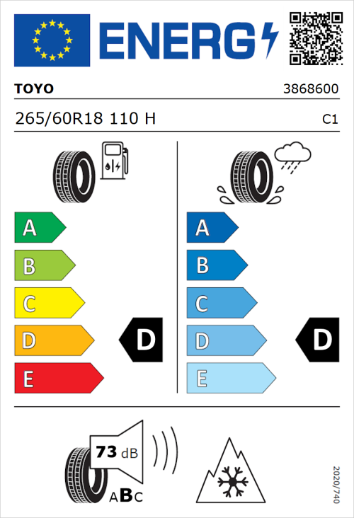 Tyre Label for Toyo Open Country ATIII 265/60R18 110H