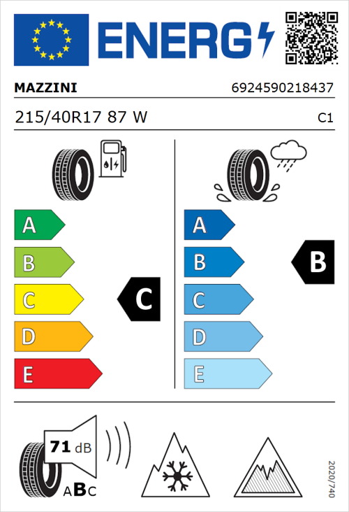 Tyre Label for Mazzini Versat-AS8 215/40R17 87W