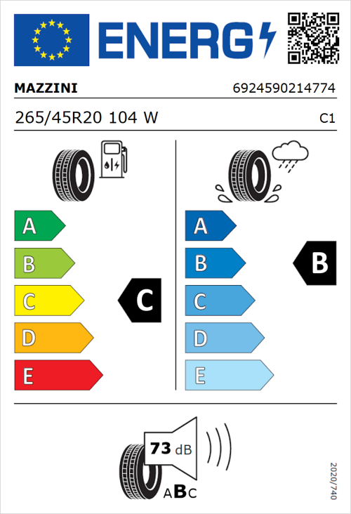 Tyre Label for Mazzini Eco 606 265/45R20 104W