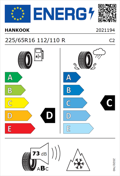 Tyre Label for Hankook Vantra ST AS2 RA30 225/65R16 112/110R