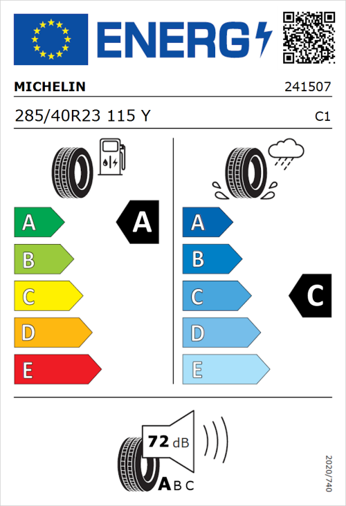 Tyre Label for Michelin Primacy All Season 285/40R23 115Y