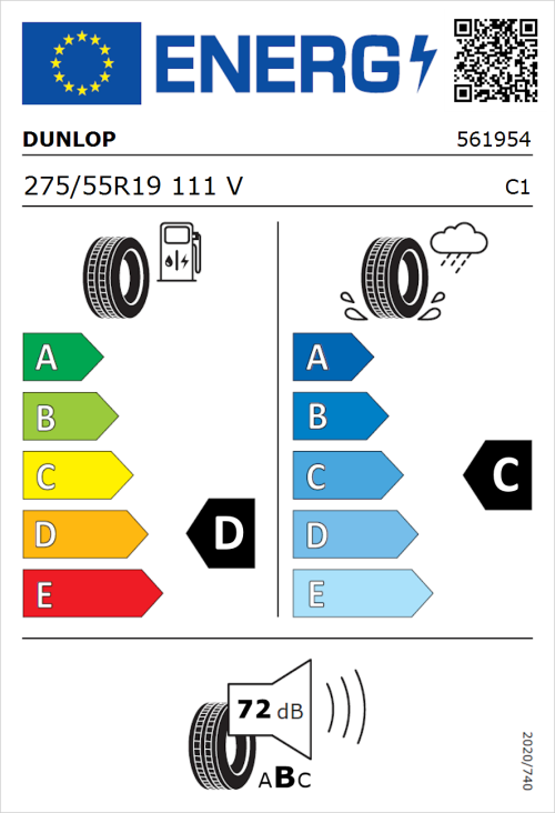 Tyre Label for Dunlop SP Sport Maxx 275/55R19 111V